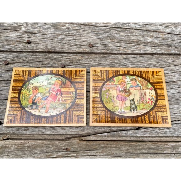 Vintage Wood Plaques Children With Puppy and Kittens - Picture 6 of 10